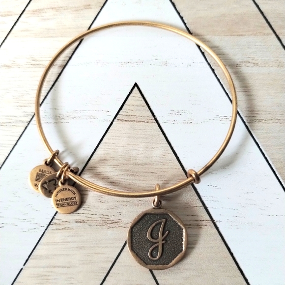Alex and Ani Rafaelian Gold tone ‘J’ Initial Monogram Charm Bangle Bracelet - Picture 5 of 5
